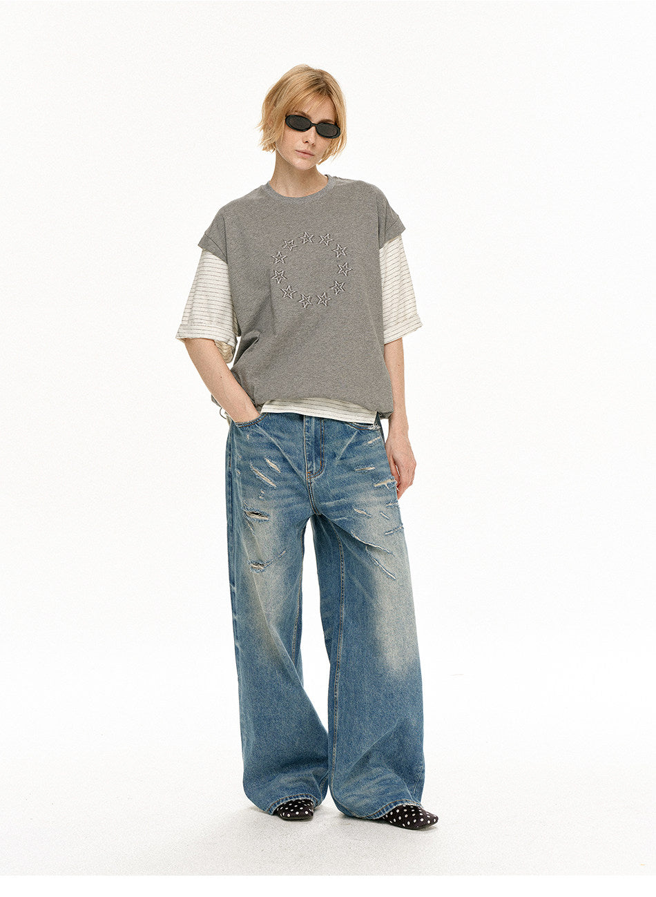 Faux Two-Piece Star-Print T-Shirt