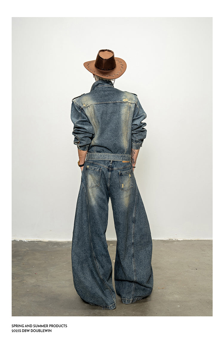 Shoulder Pad Denim Jumpsuit