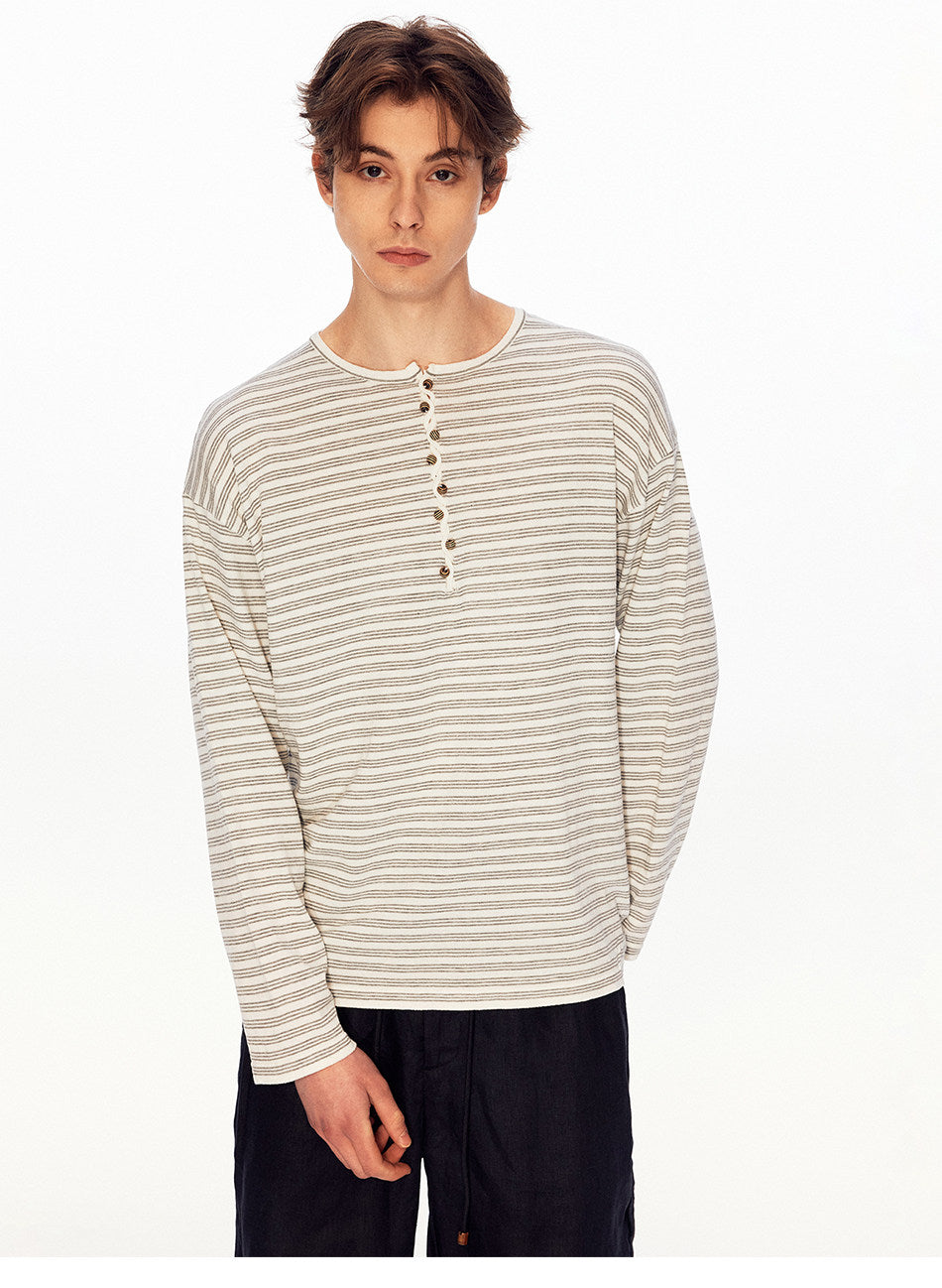 Henry-Collar Linen Striped T-Shirt