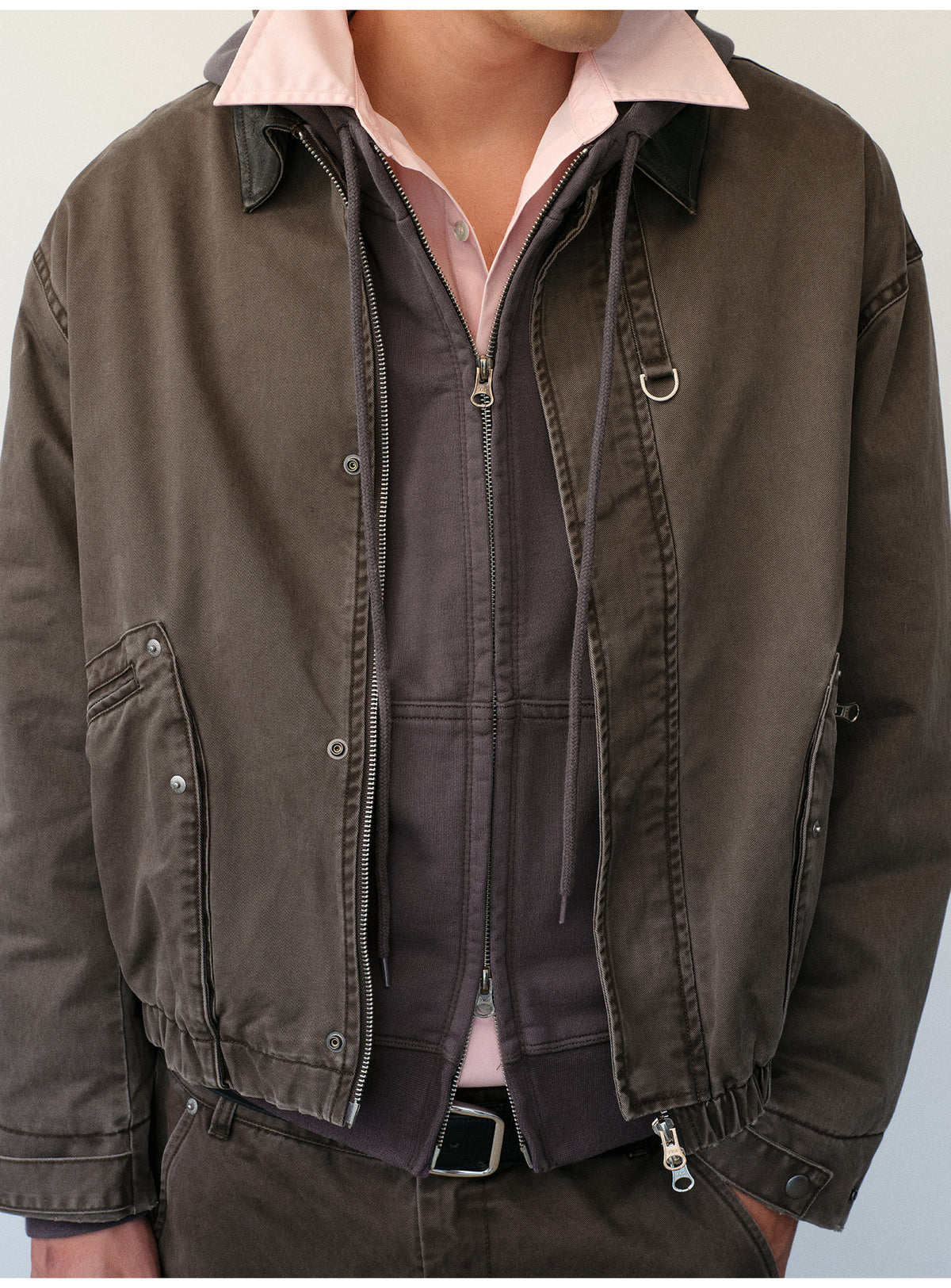 Distressed Leather Color-Block Work Jacket