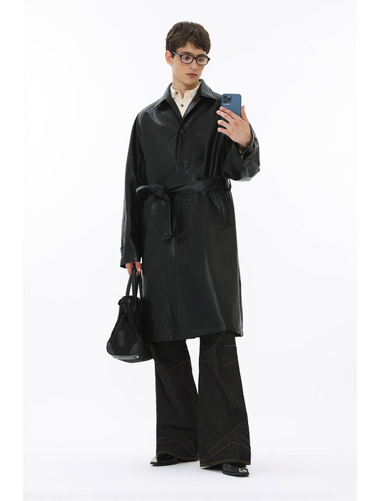 Notting Hill Leather Lapel Mid-Length Retro Windbreaker Jacket