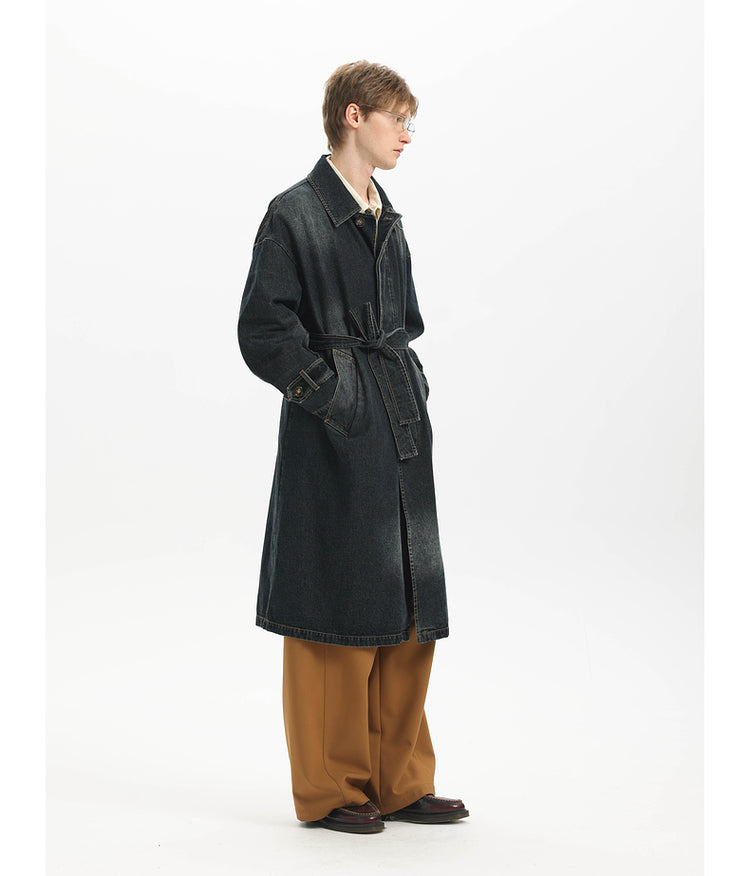 Washed Denim Long Trench Coat