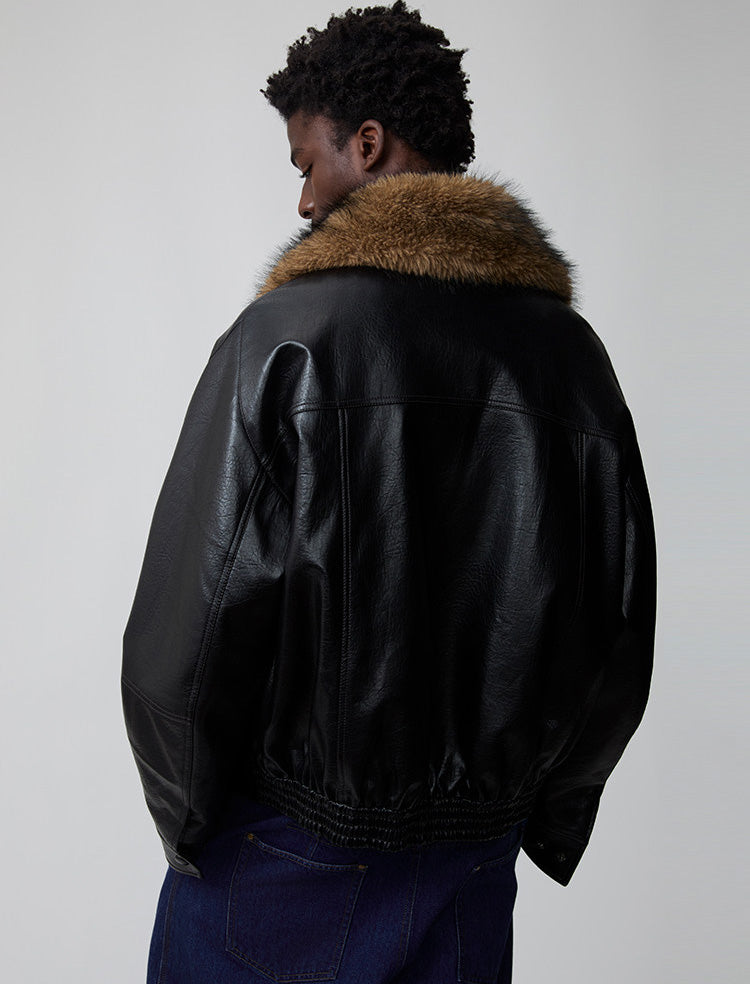 Detachable fur collar bomber jacket