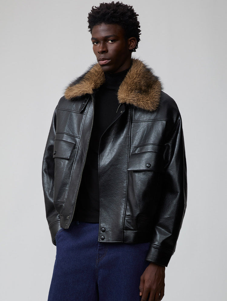 Detachable fur collar bomber jacket