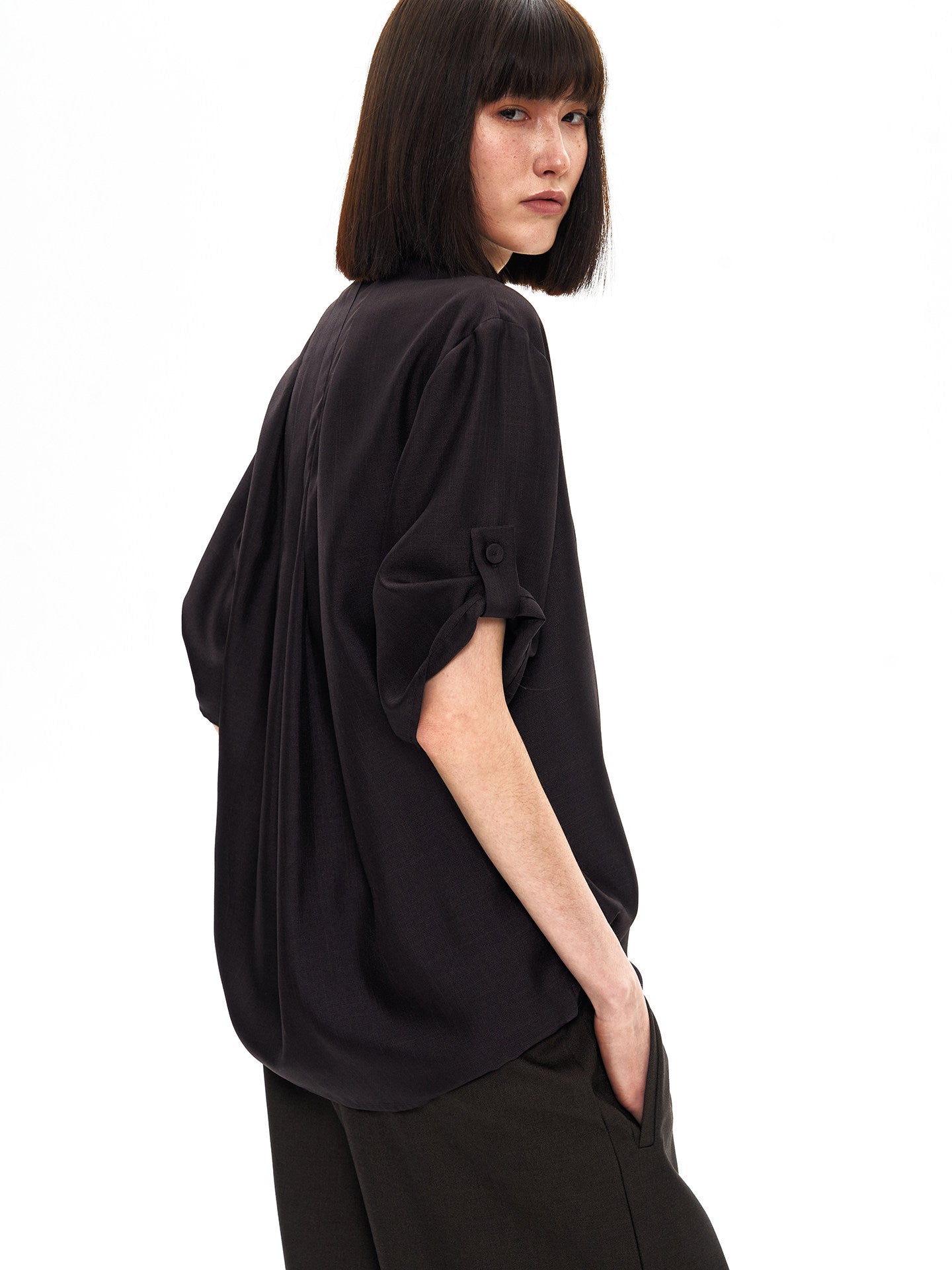 Glossy Asymmetrical Accordion Pleat Shirt