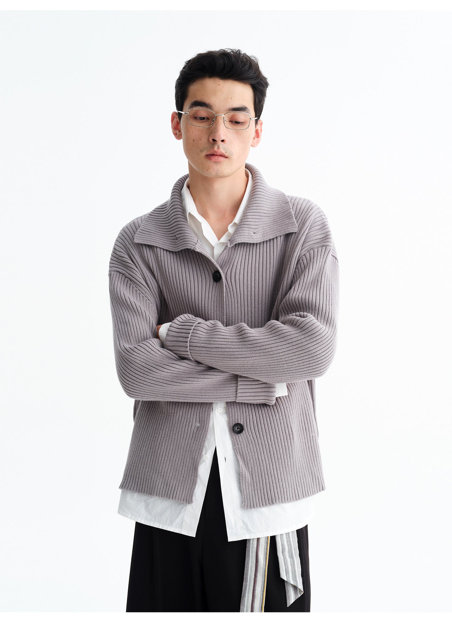 High-Neck Rib-Knit Cardigan