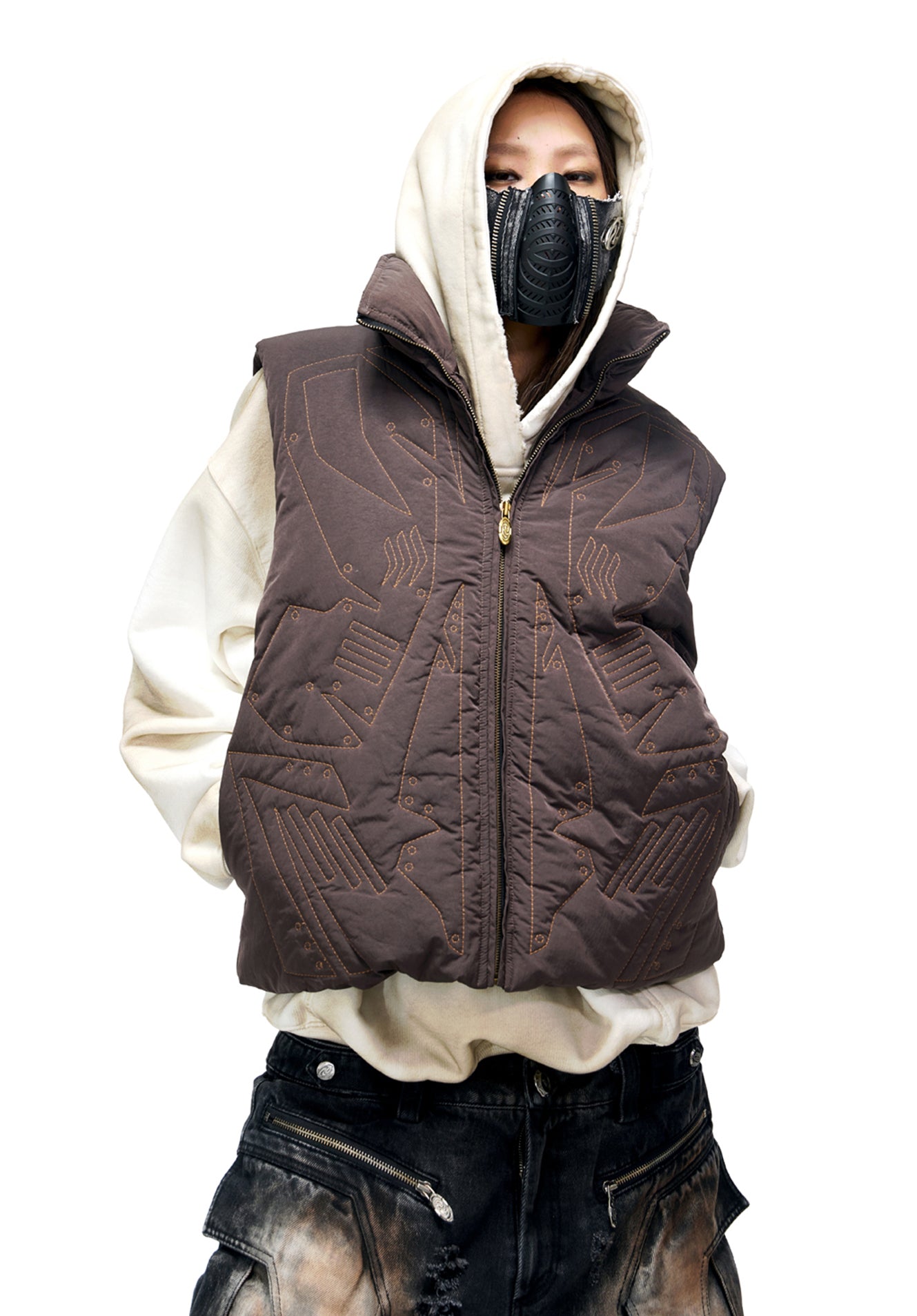 Armor stitch embroidered down vest