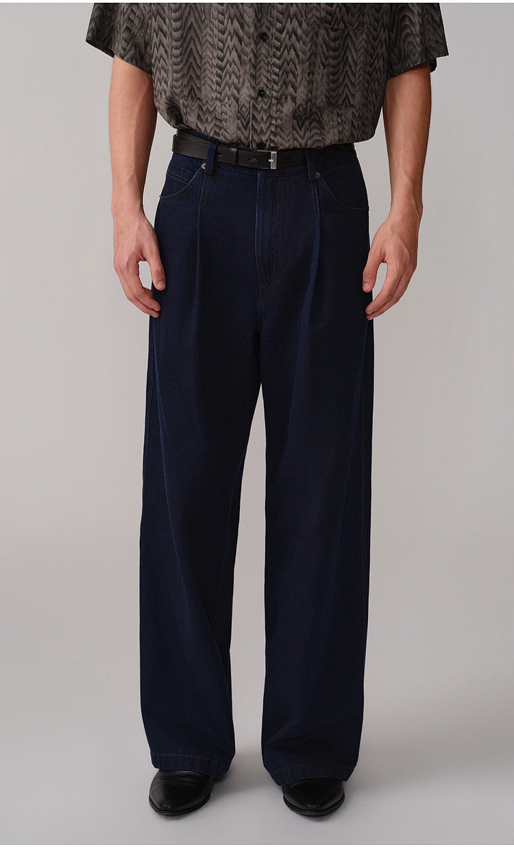 Double-Tuck Straight-Leg Casual Denim Pants