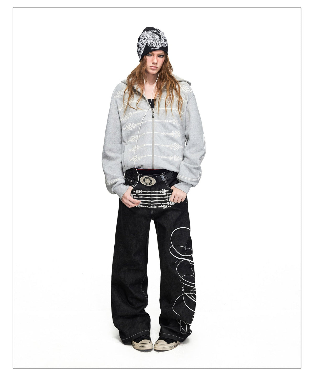 Raw Denim Pants with Rope Embroidery