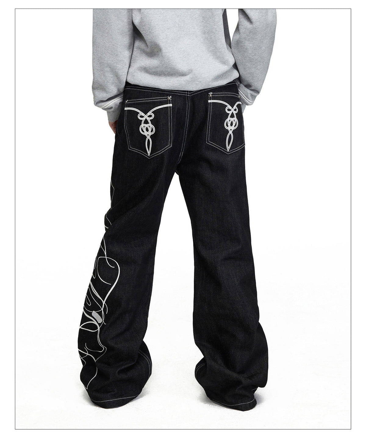 Raw Denim Pants with Rope Embroidery