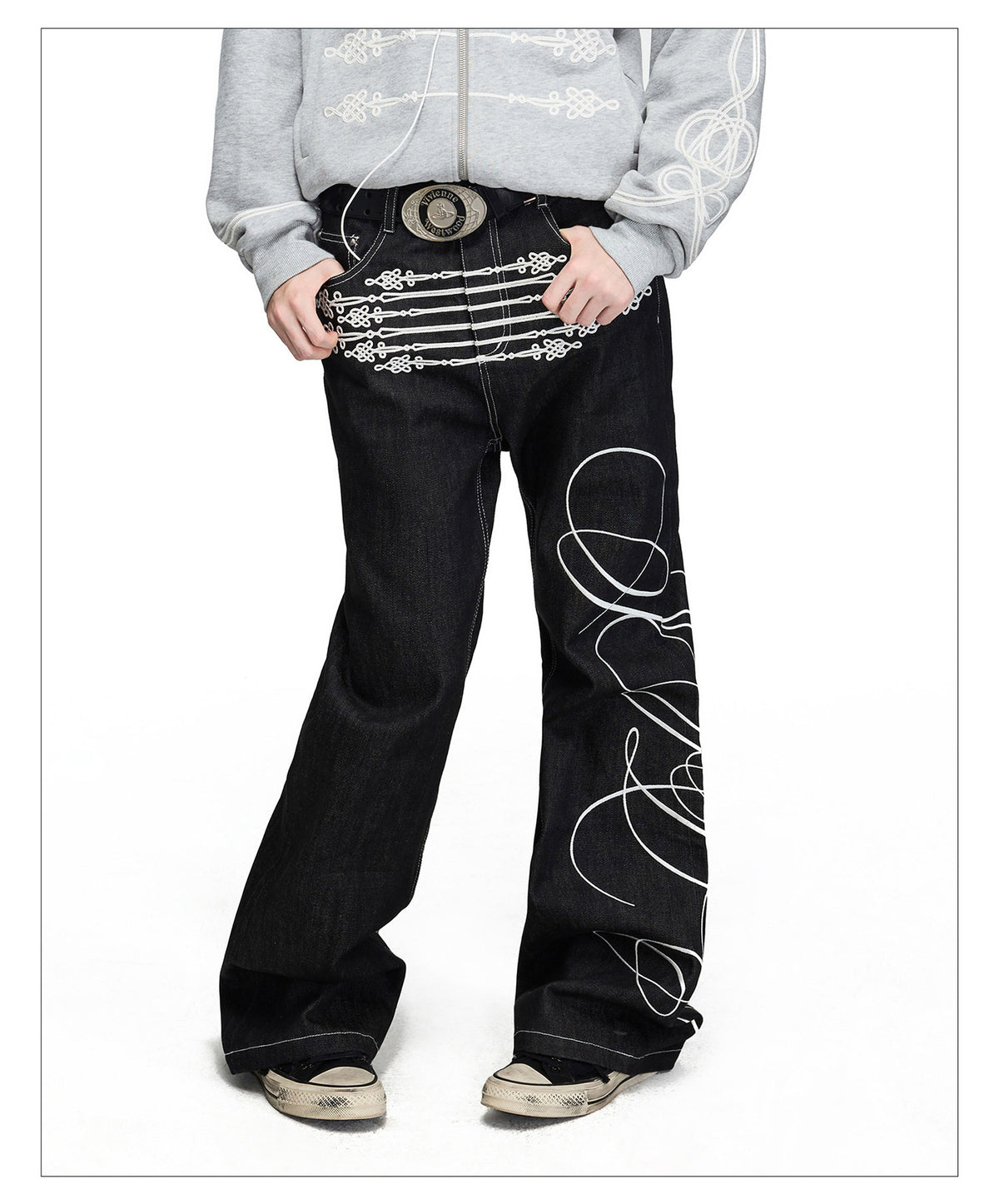 Raw Denim Pants with Rope Embroidery