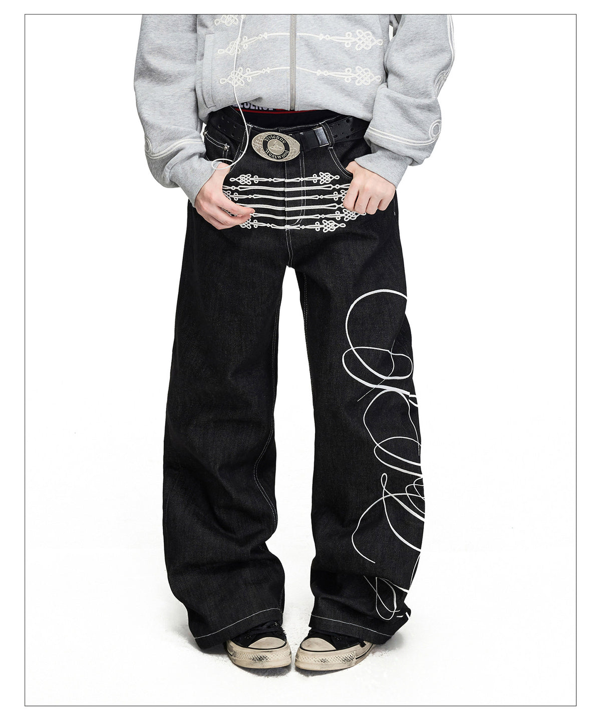 Raw Denim Pants with Rope Embroidery
