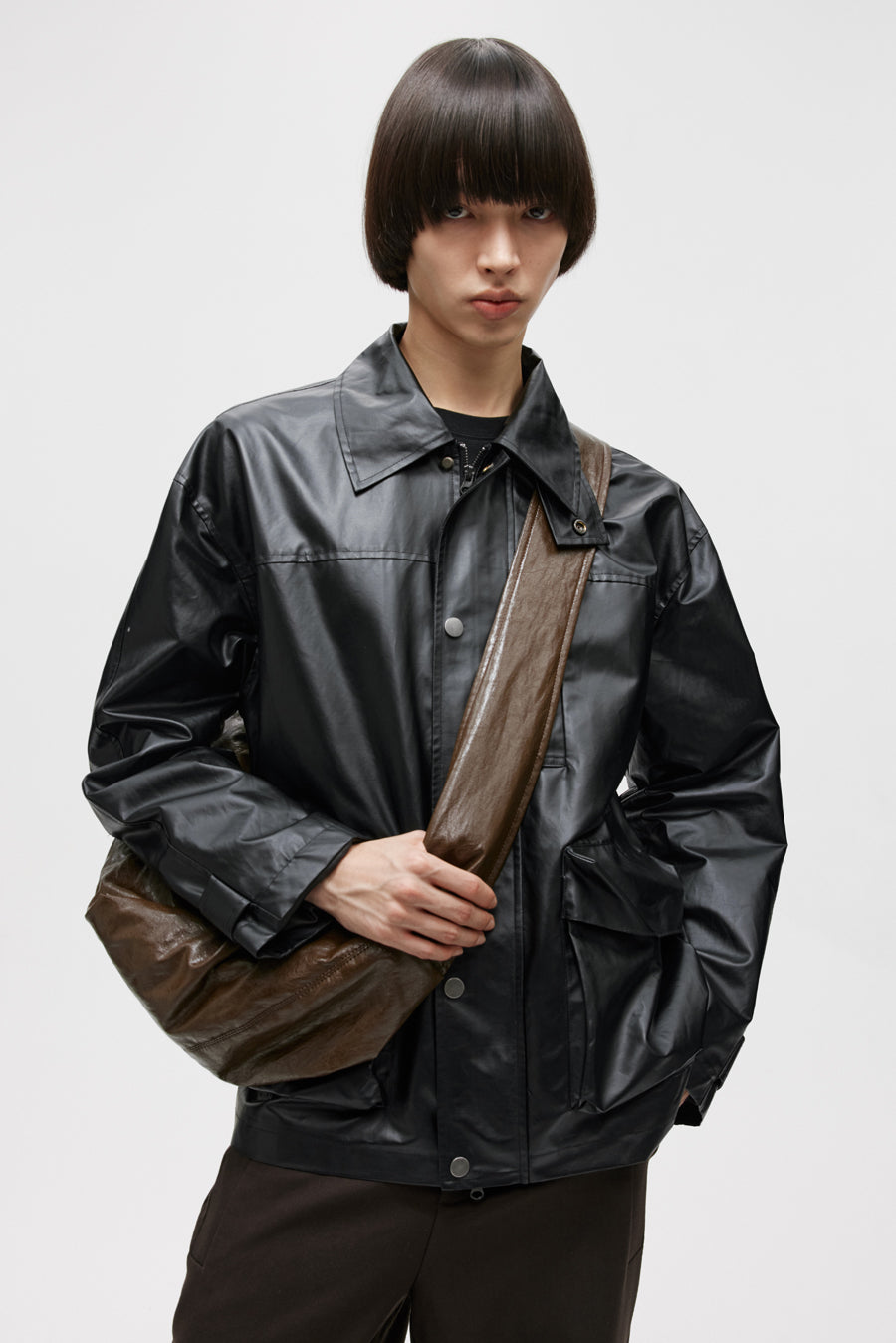 Imitation leather mid-length jacket