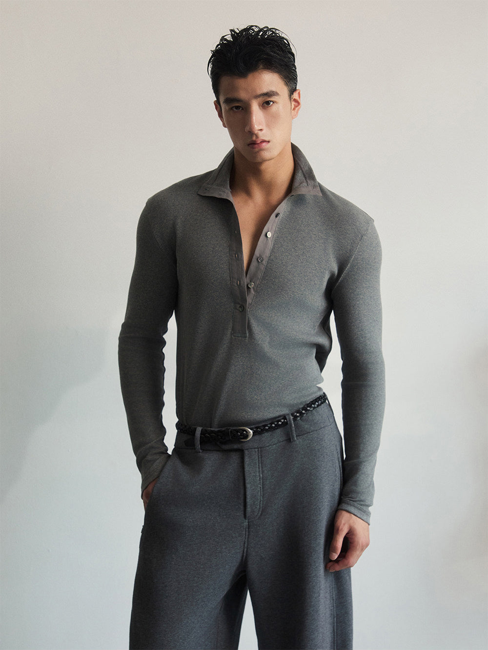 High-Neck Button-Down Shirt