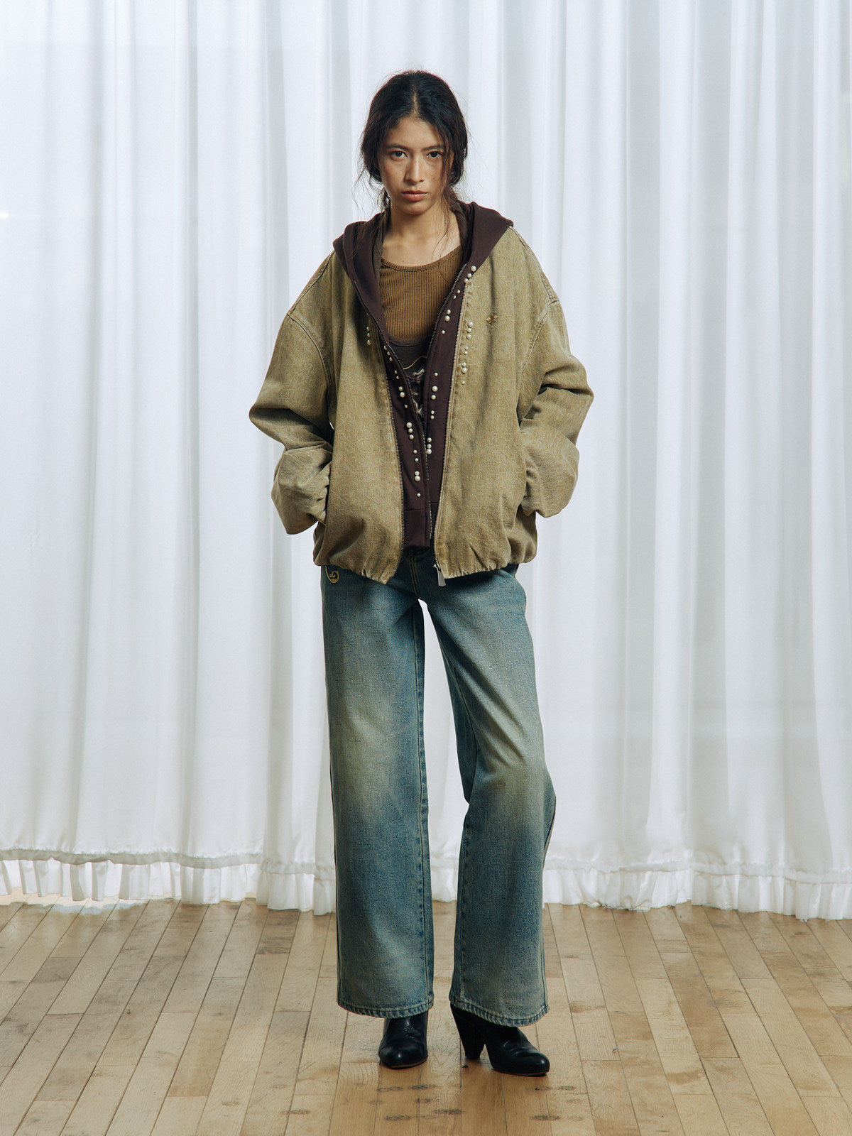 Embroidered Two-Tone Wash Straight Leg Jeans
