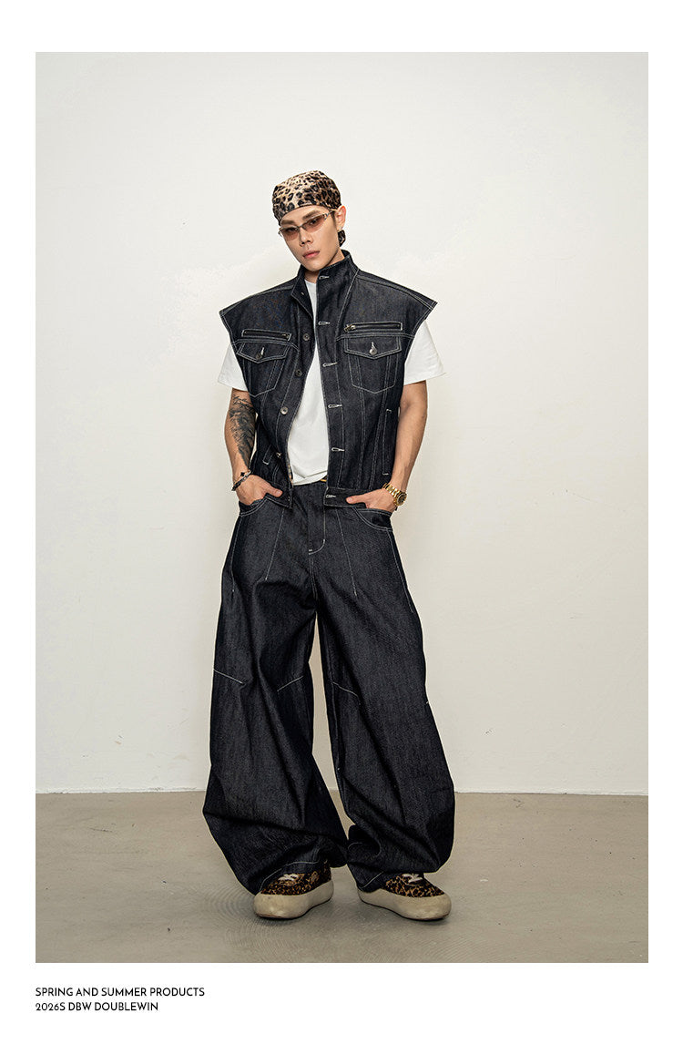 Lined Stand-Up Collar Denim Vest