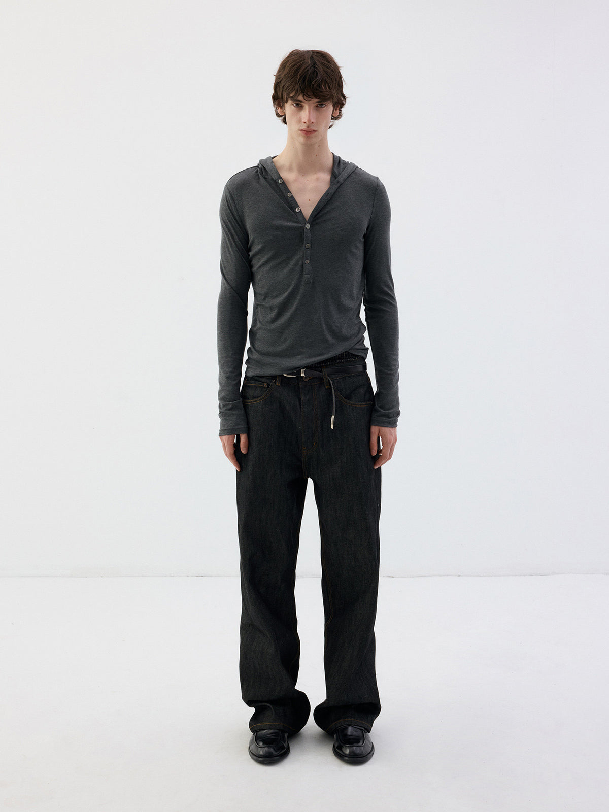 Henry-Collar T-Shirt with Half-Button Hood