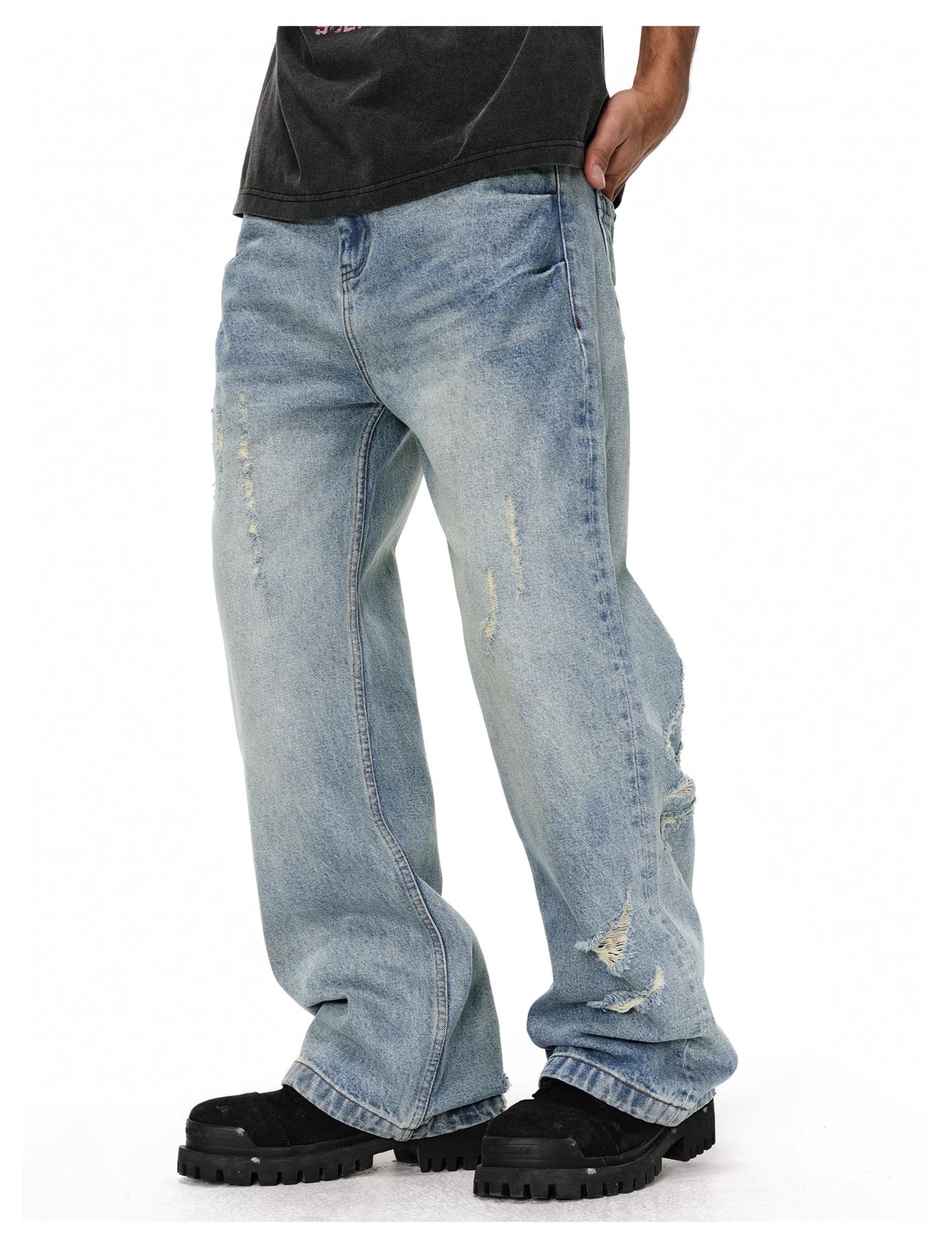 Scratch wash processing flare jeans