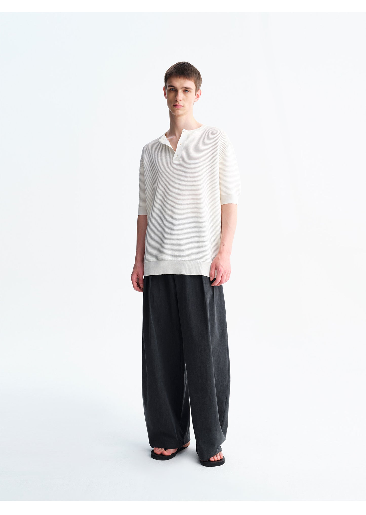 Henry-Neck Wool-Look Short-Sleeve Shirt