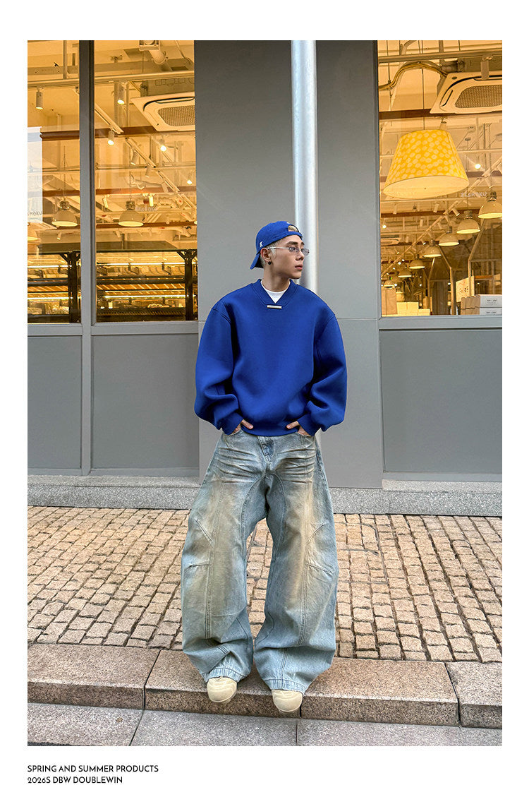 Wide-Shoulder Airy V-Neck Sweatshirt