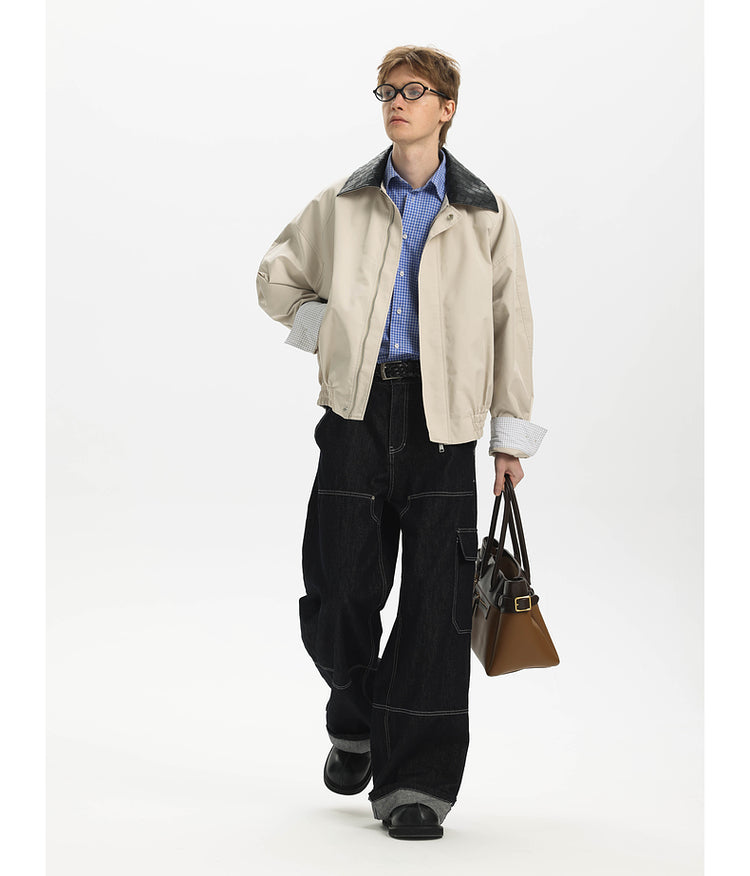 Water-repellent checkered leather lapel jacket