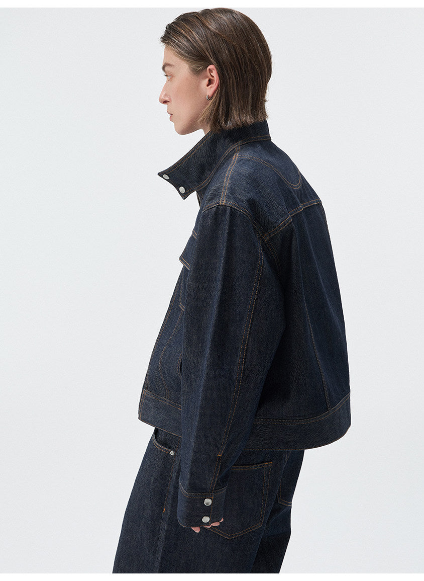 Stand Collar Denim Jacket with Pockets