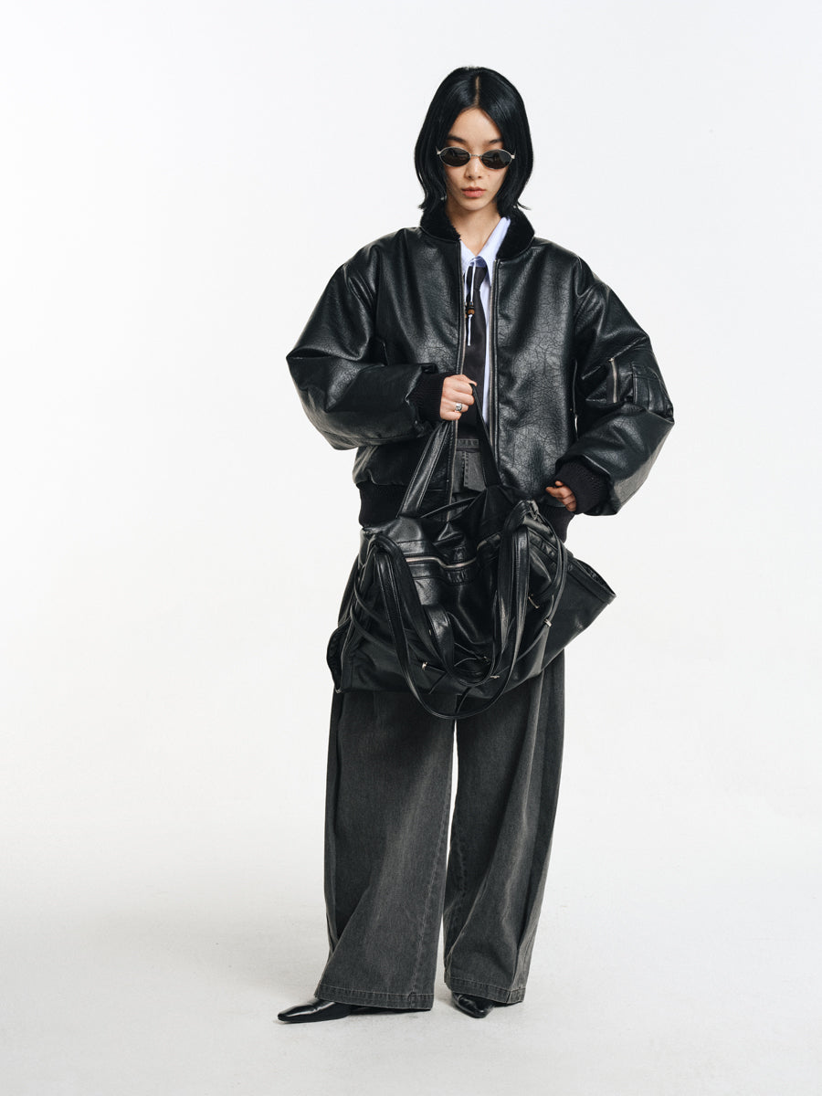 Stand collar faux leather jacket