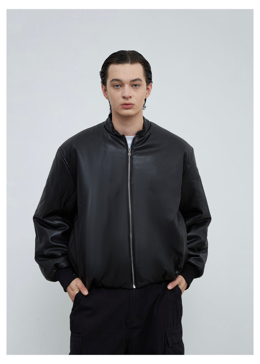 Oversized Stand Collar PU Leather Jacket