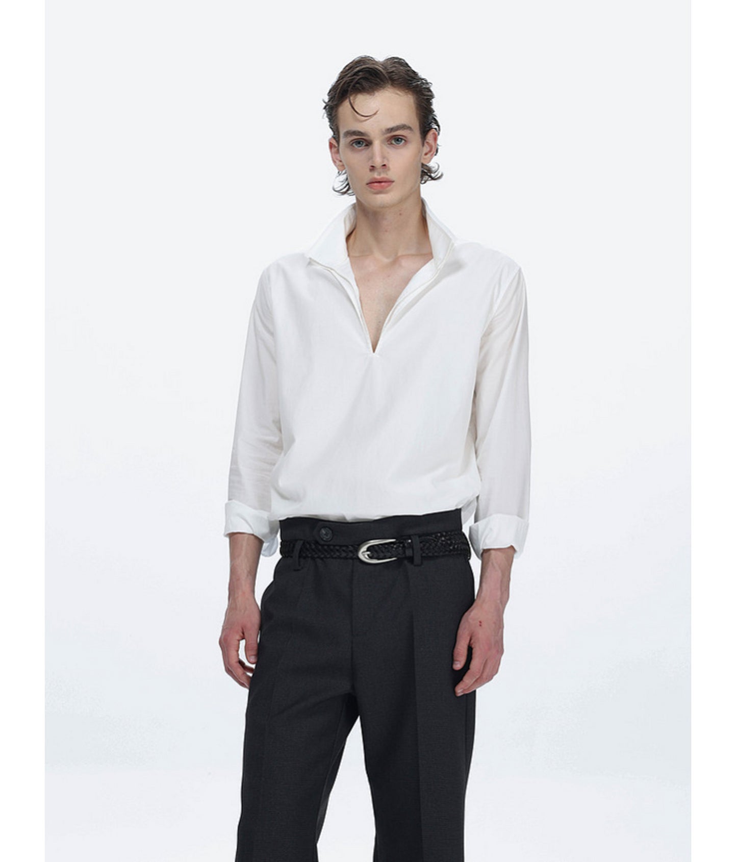 Deep V-Neck Half-Button Pullover Shirt