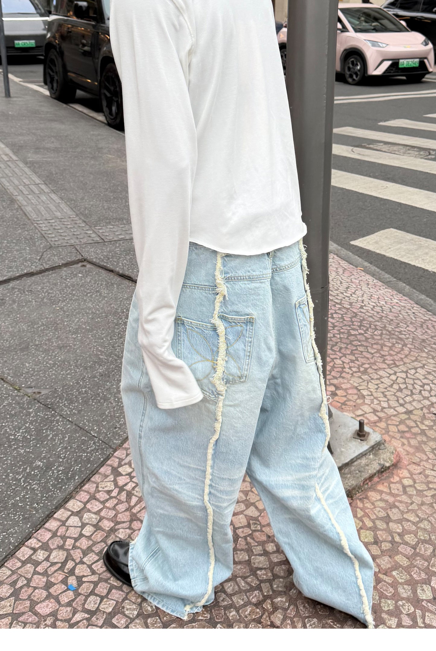 Wash-treated Patchwork Denim Pants