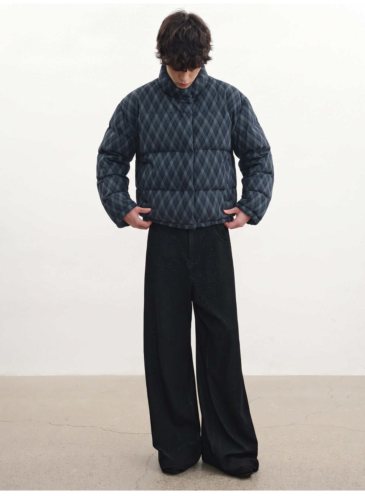 Diamond-Check Stand-Collar Down Jacket