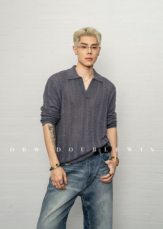 V-neck lapel knit sweater