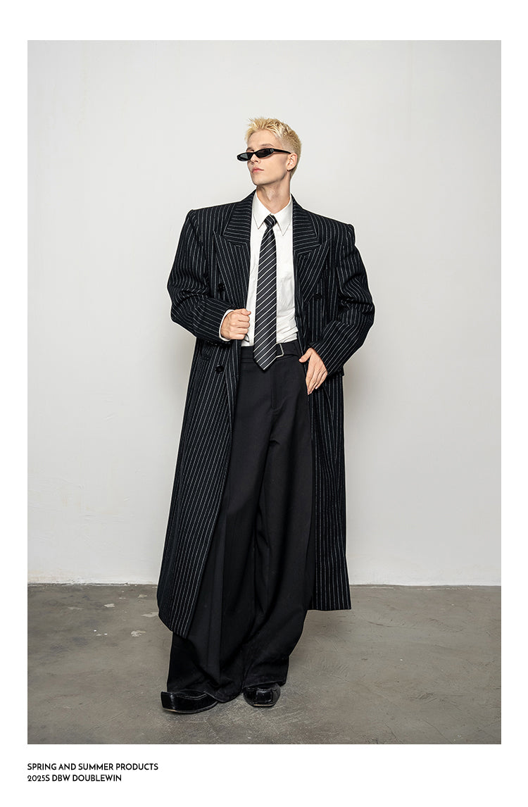 Wool Blend Striped Long Coat