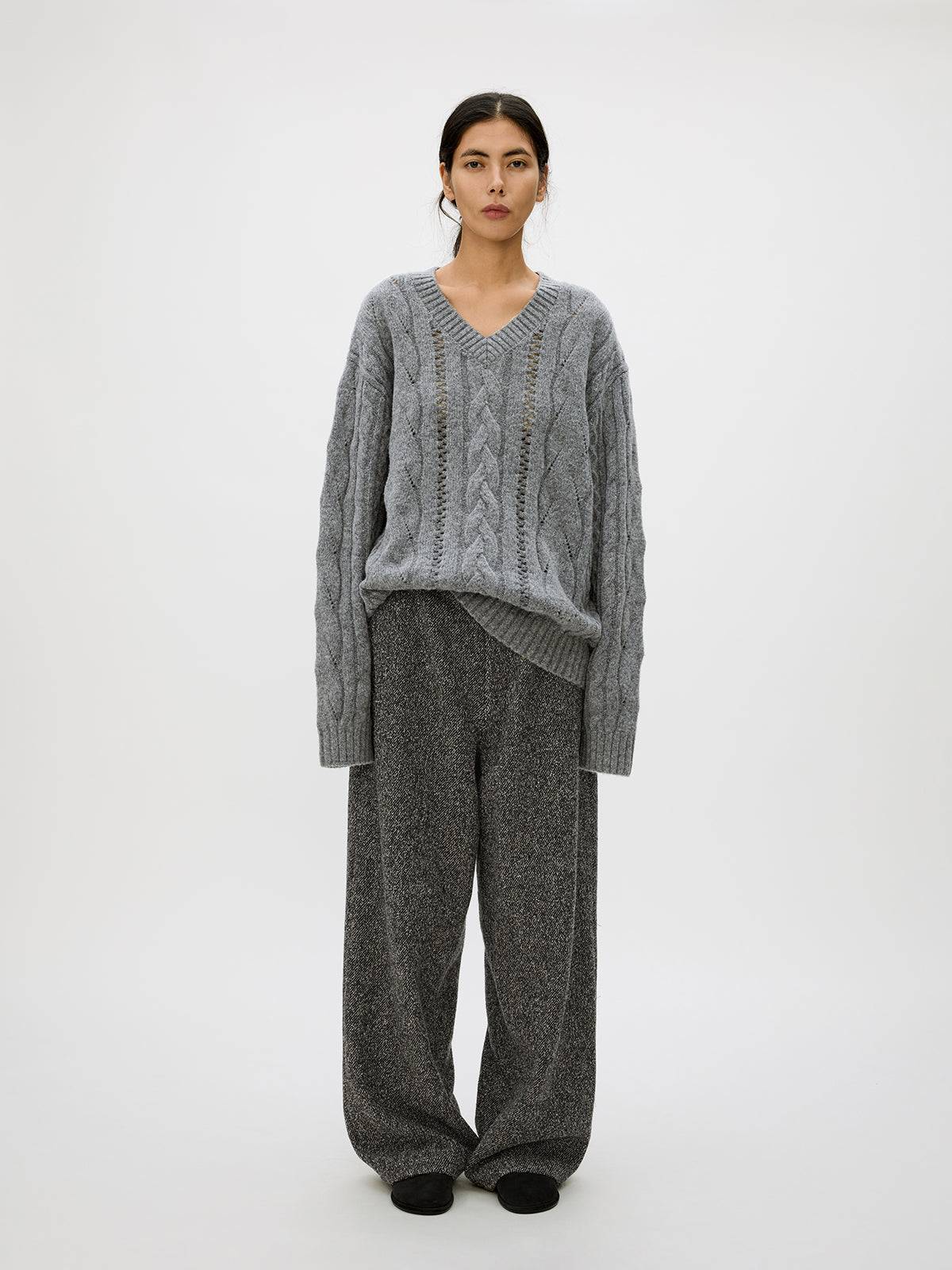 V-neck cable knit sweater