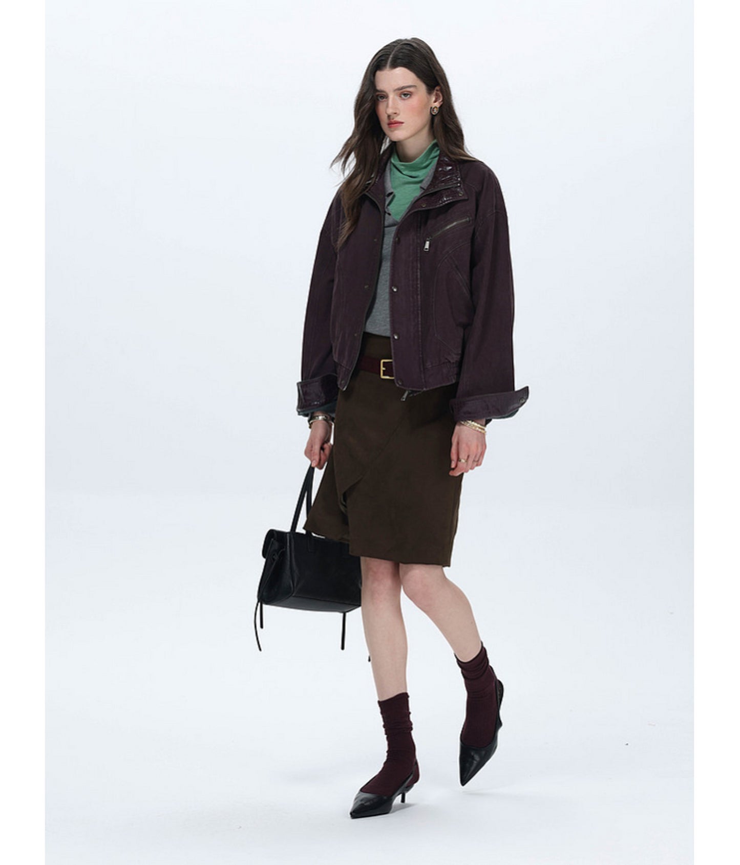 Faux Crocodile Leather Stand-Up Collar Jacket