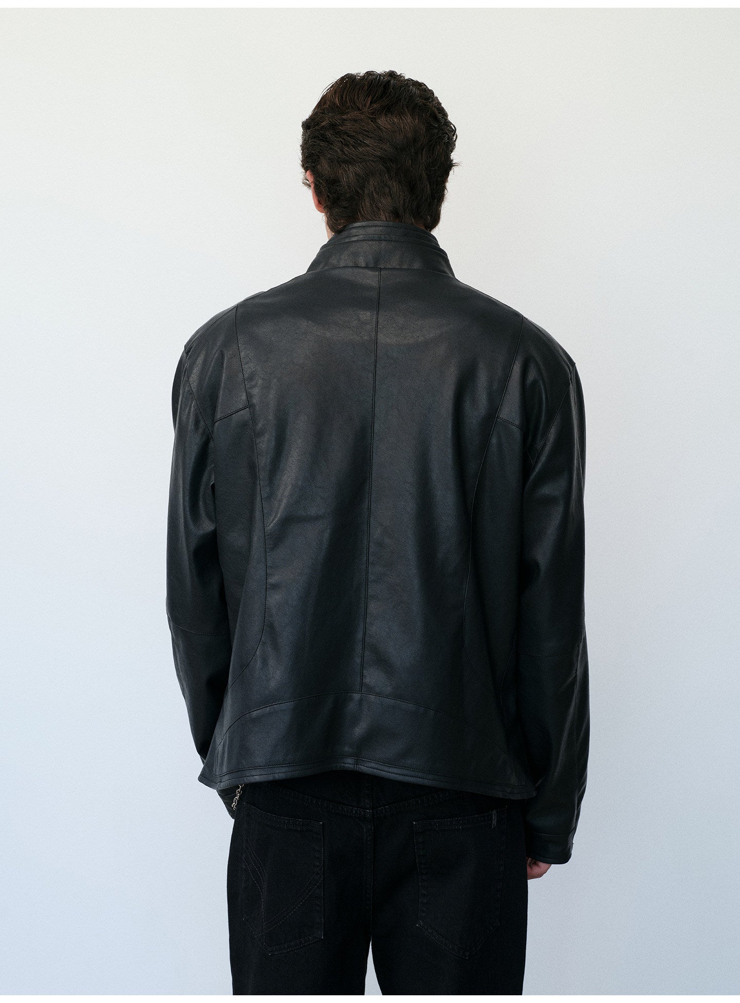Microfiber-Leather Blend Stand-Collar Jacket