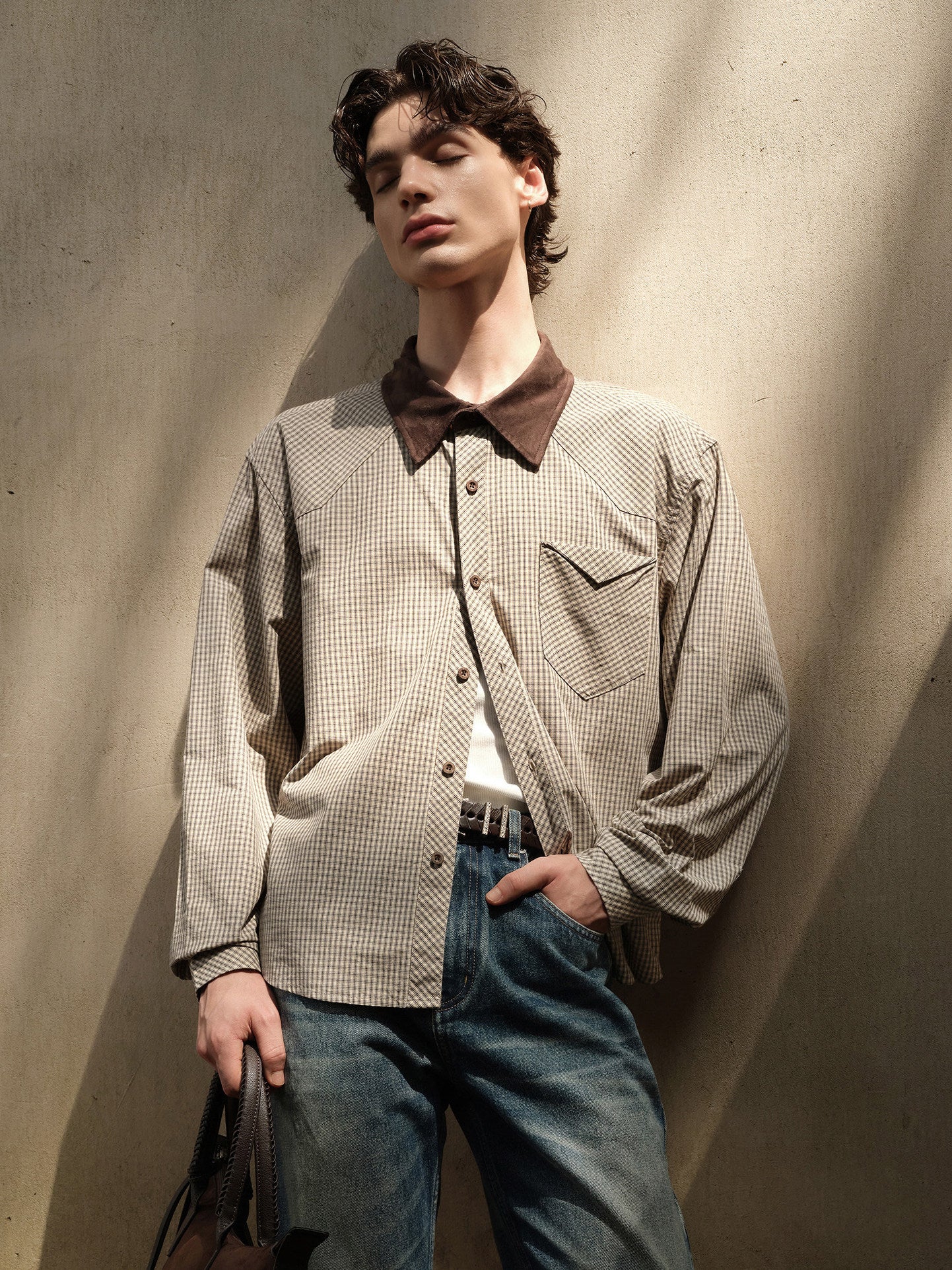 Suede Trim Collar Shirt