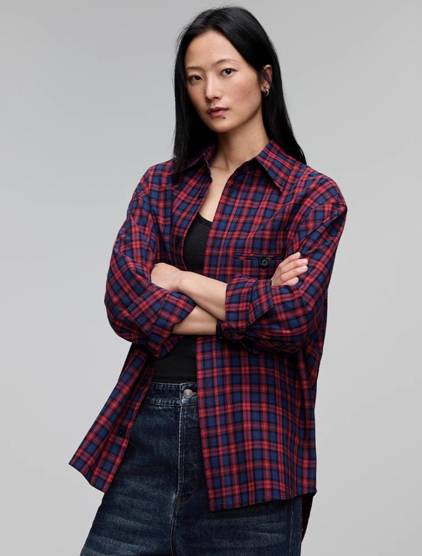Plaid double pocket shirt