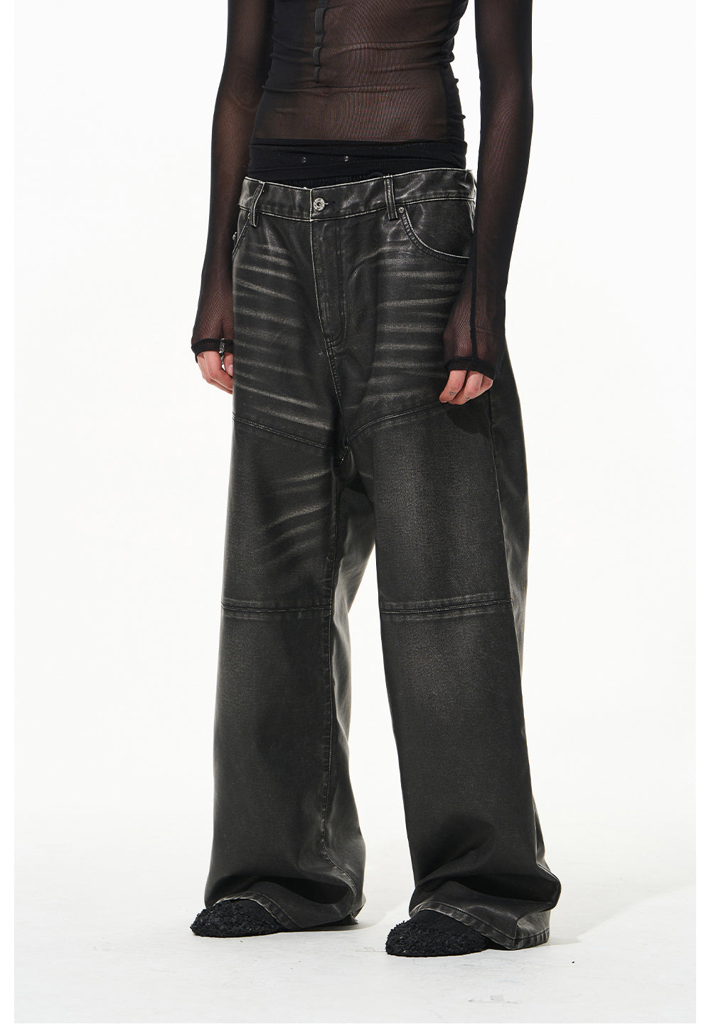 Damaged Washed Lace-up Leather Pants