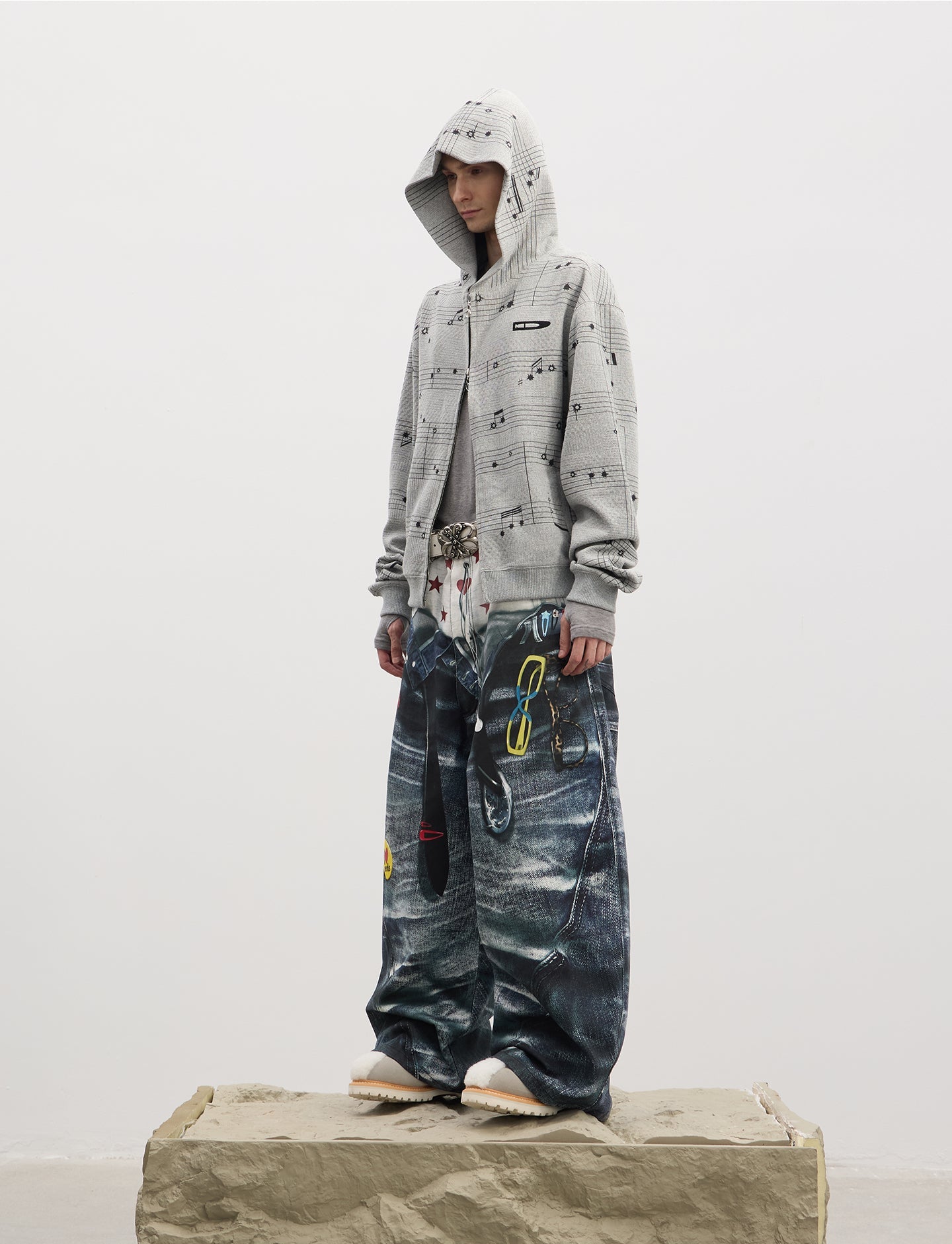 Double-Waistband Printed Jeans