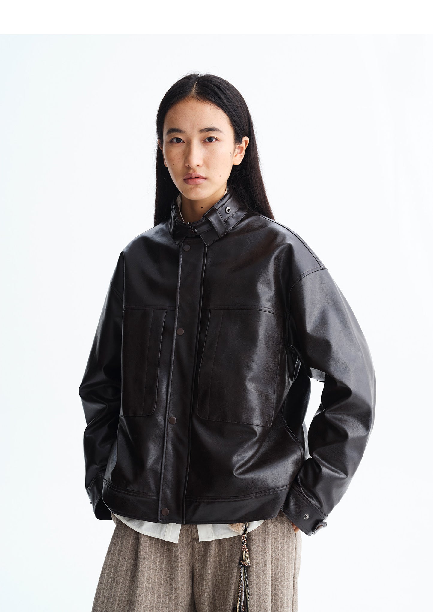 Stand Collar Eco-Friendly Leather Jacket