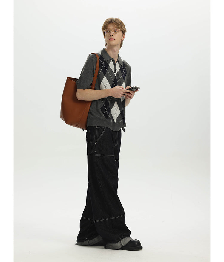 College Diamond Pattern Embroidery Knit