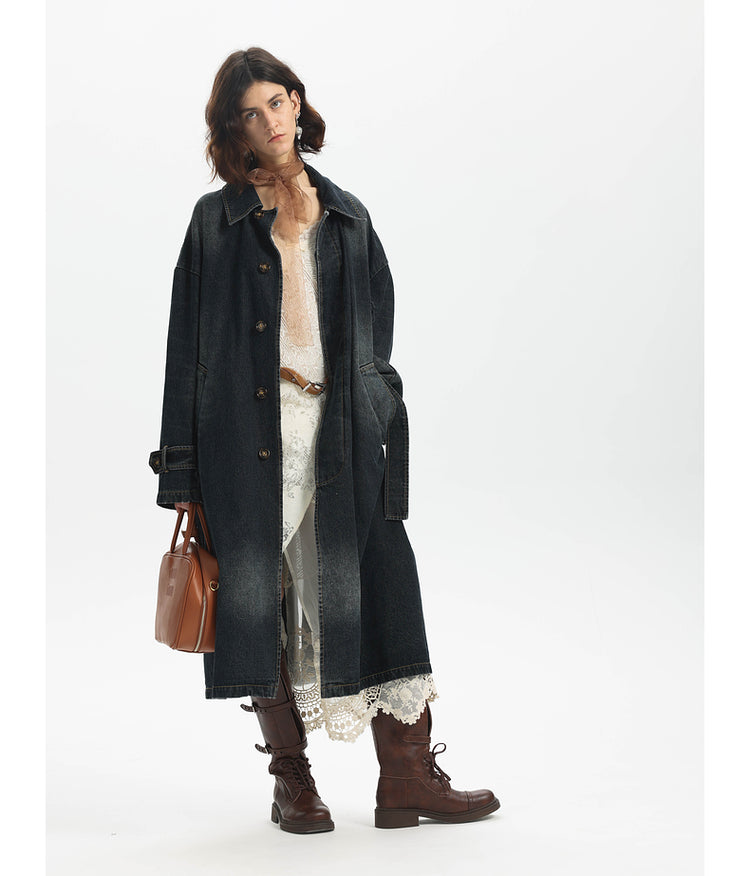 Washed Denim Long Trench Coat