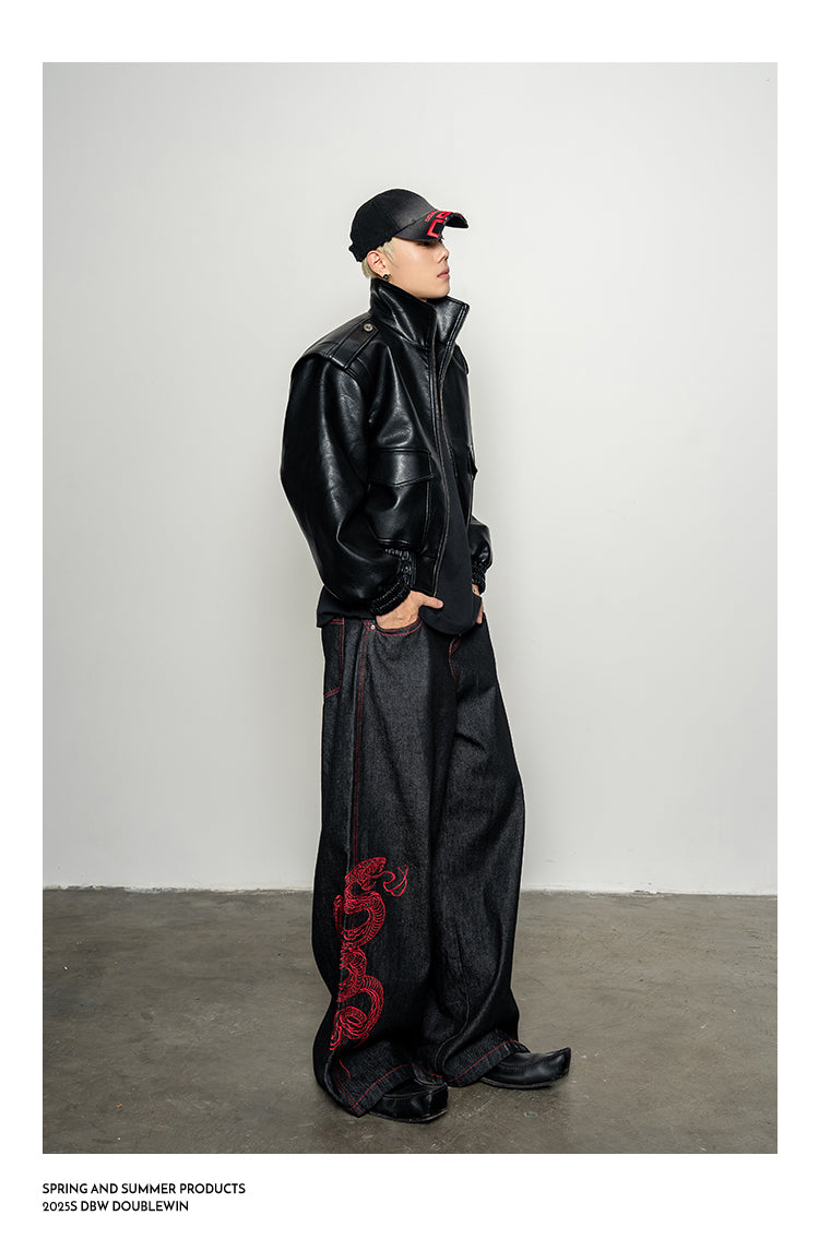 Red Snake Denim Pants