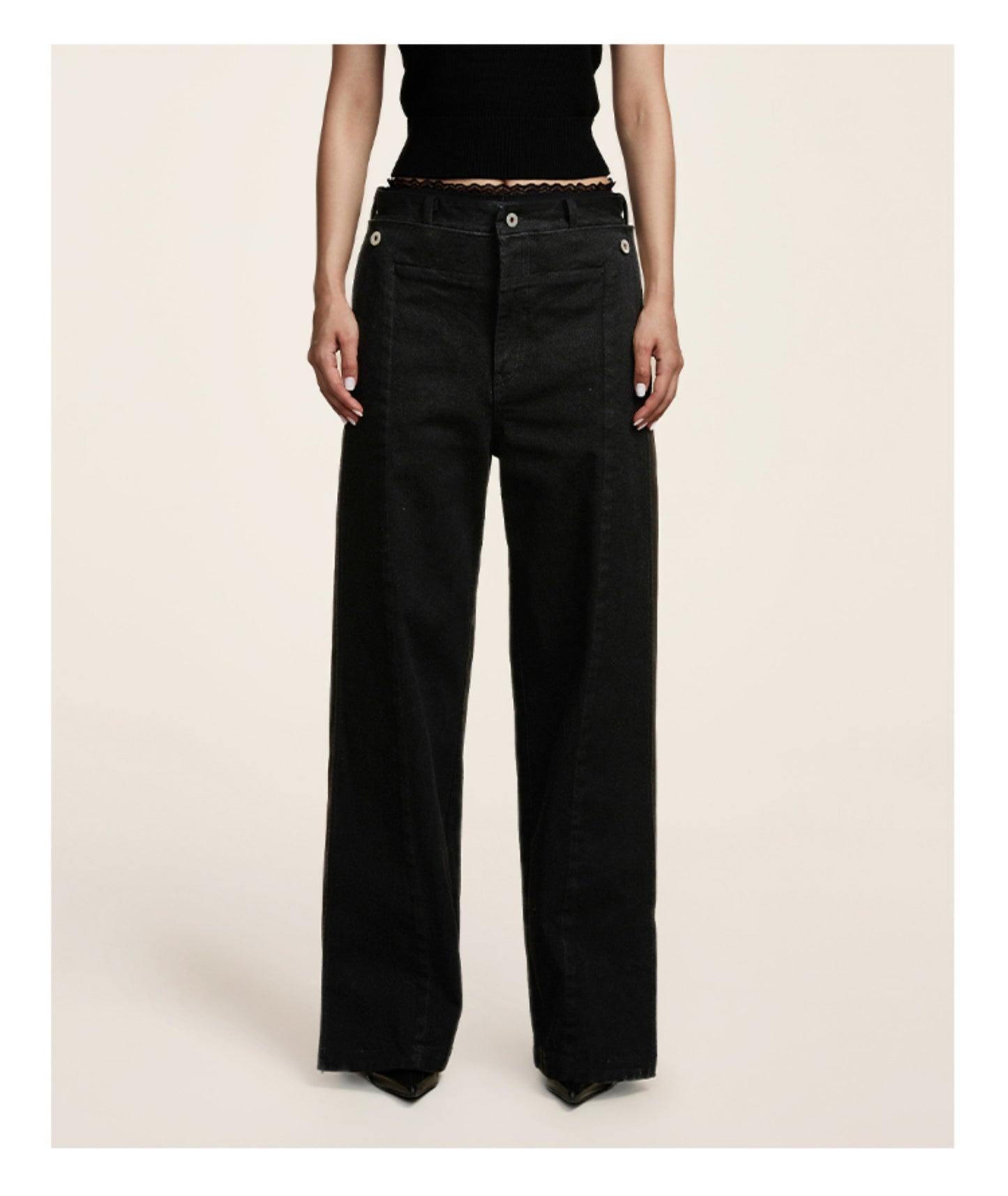 Faux two-piece straight casual jeans