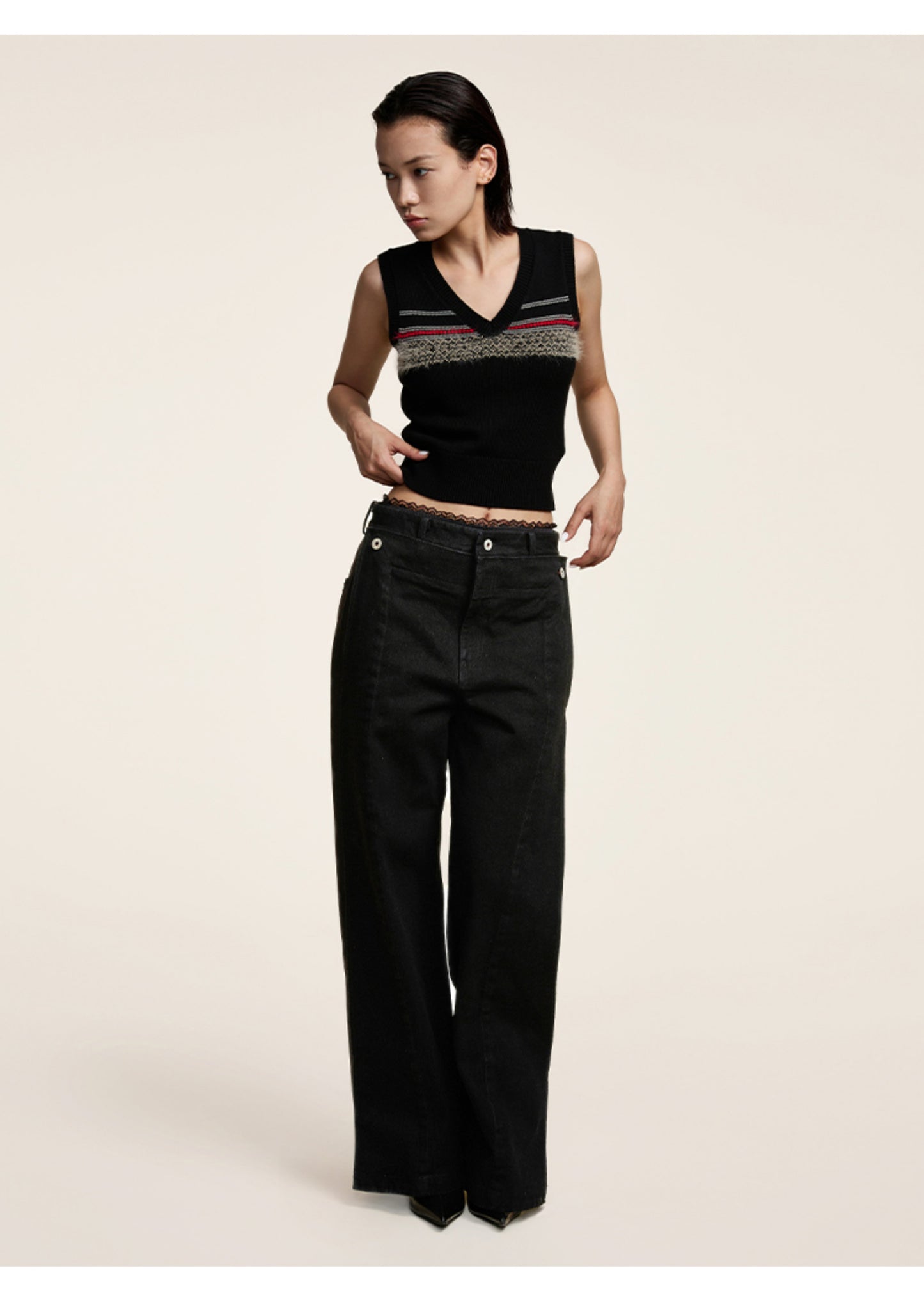 Faux two-piece straight casual jeans