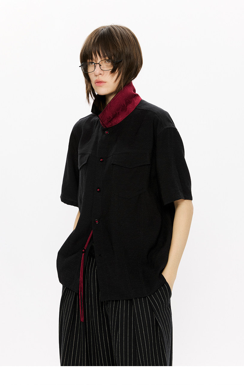 Linen button-down casual shirt with tassels