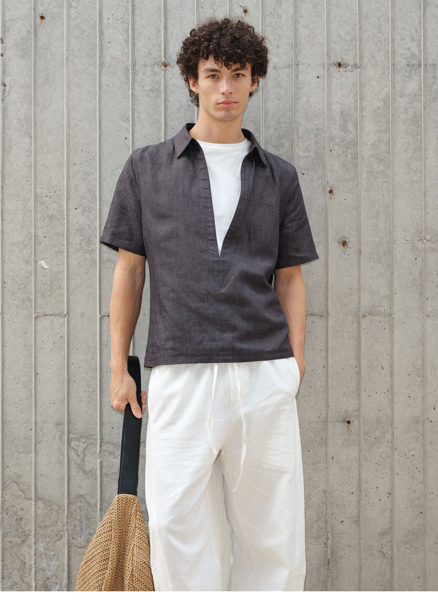 Deep V-neck faux two-piece shirt