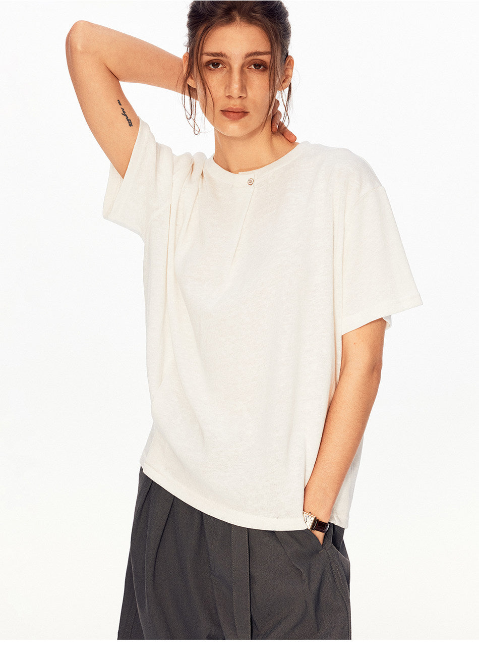 Single-Button Loose-Fit Casual T-Shirt