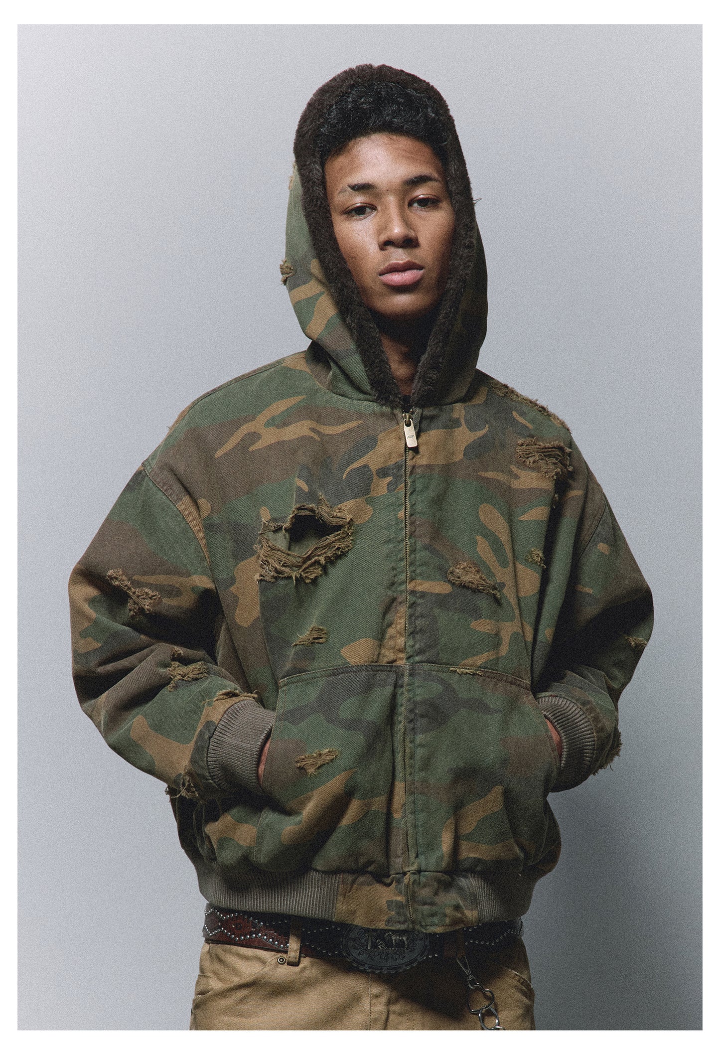 Velvet hooded camouflage jacket